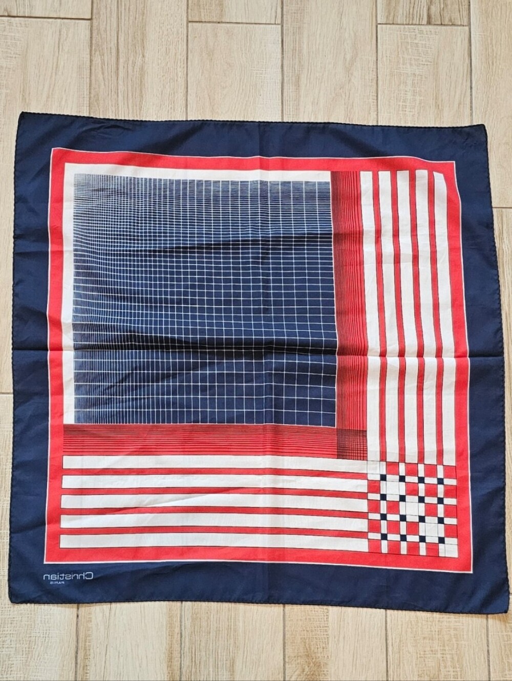 Christian Dior Paris Vintage Silk Scarf Geometric Square Plaid Red Blue White - Picture 2 of 5